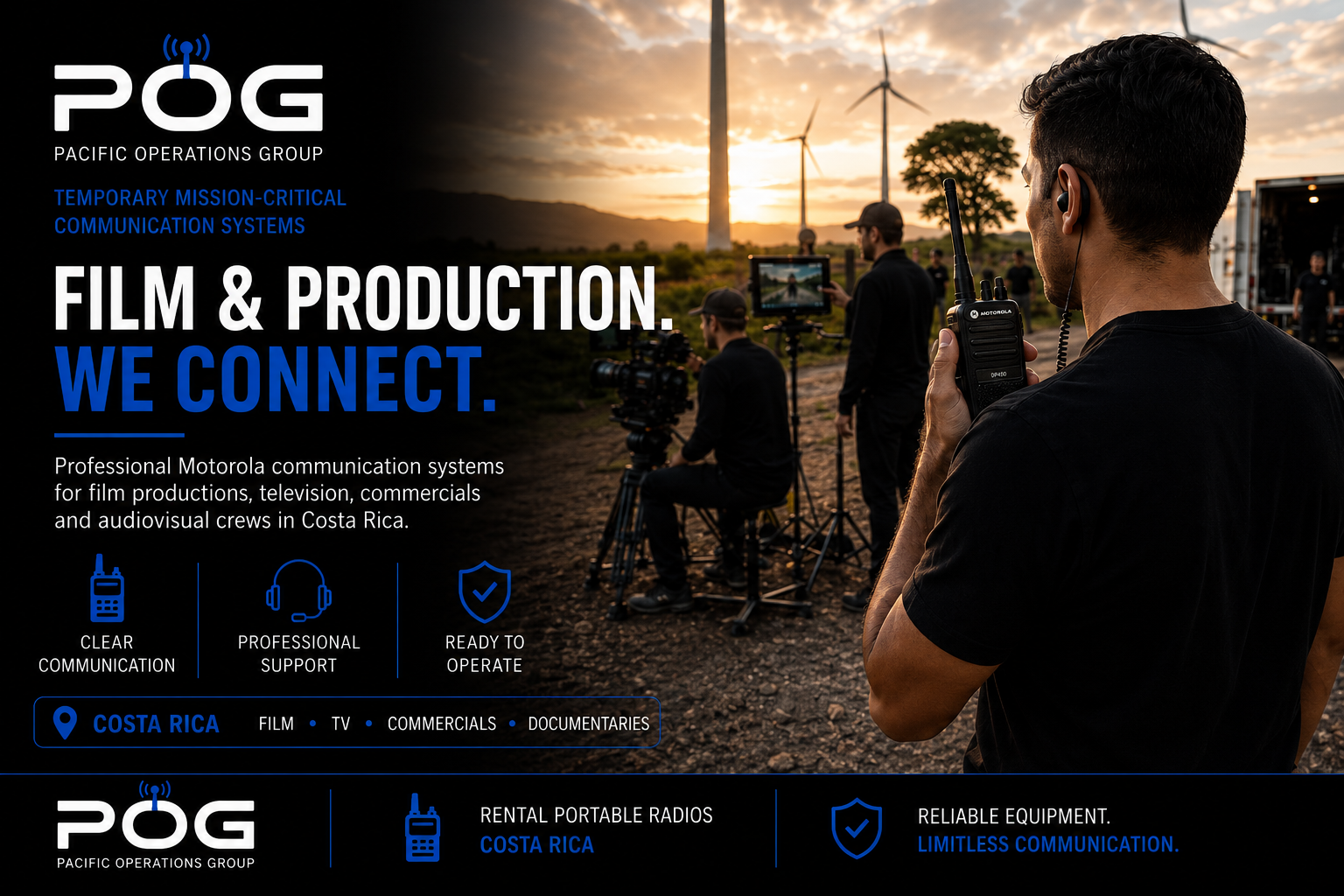 Film production coordinator using a Motorola portable radio during a commercial audiovisual production in Costa Rica.