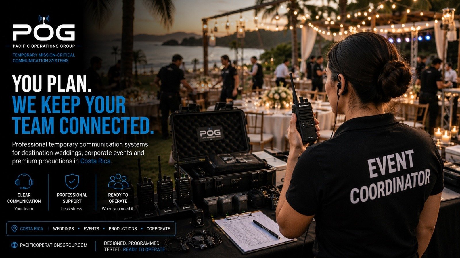 Event coordinator using Motorola portable radios during a destination wedding in Costa Rica with professional temporary communication systems by Pacific Operations Group.