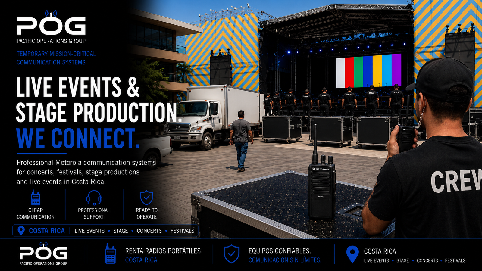 Professional stage production coordinator using a Motorola DP450 portable radio during a live event setup in Costa Rica with a temporary communication system designed and deployed by Pacific Operations Group.